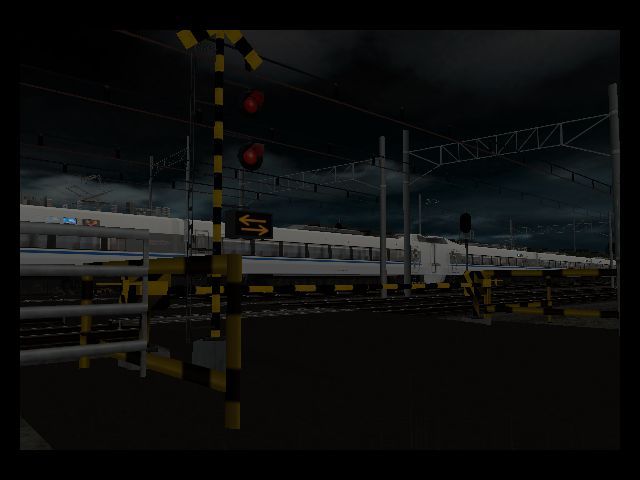 Densha de Go! Final (Windows) screenshot: Series 681 (Thunderbird) passing a railroad crossing in a cloudy night.