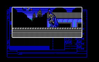 Batman: The Caped Crusader (DOS) screenshot: Batwalking across rooftops. (EGA)