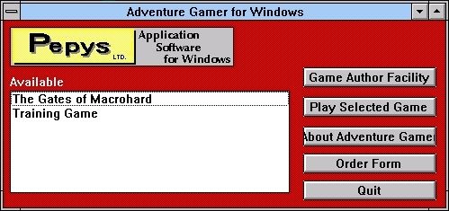 Adventure Gamer for Windows (Windows 16-bit) screenshot: The menu screen