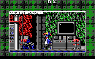 Batman: The Caped Crusader (DOS) screenshot: Bat-defeated by the Penguin! (EGA)