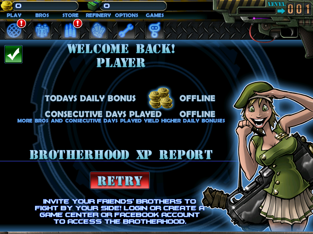 Gun Bros (iPad) screenshot: Welcome back, player!..