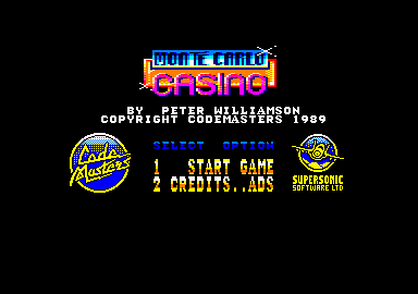 Monte Carlo Casino (Amstrad CPC) screenshot: Title screen and main menu