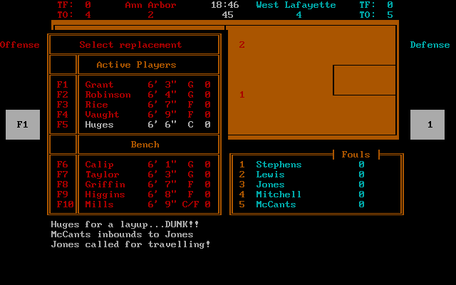 Basketball Challenge (DOS) screenshot: Substitution