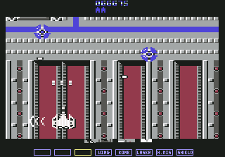 A.L.C.O.N. (Commodore 64) screenshot: Regular shot, wing upgrade plus side beam weapon (NTSC)