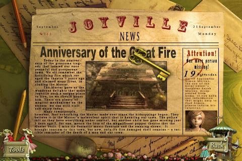 PuppetShow: Mystery of Joyville (iPhone) screenshot: Newspaper and key