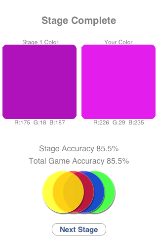 Colorblind (iPhone) screenshot: The color swatches are compared and players are scored