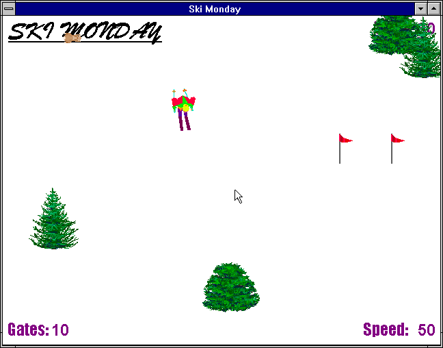 Klik & Play (Windows 3.x) screenshot: Ski Monday - You make 'oh!' noises when you hit bunnies. (and trees)