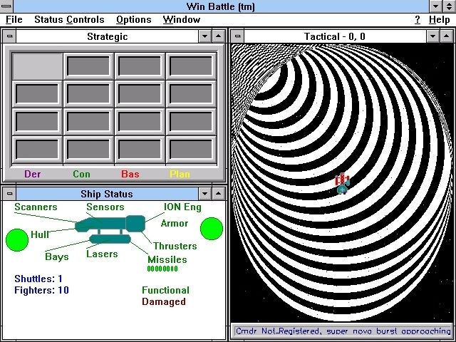 Win Battle (Windows 16-bit) screenshot: The game starts with the player's ship making a grand entrance