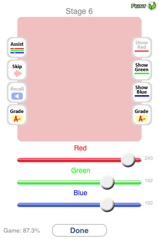 Colorblind (iPhone) screenshot: Hint buttons can only be used once per game; "Show Red" one sets the red slider to the right value