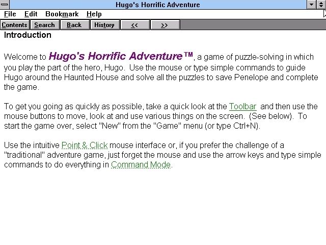 Hugo's House of Horrors (Windows 3.x) screenshot: The in-game help file opens in a new window