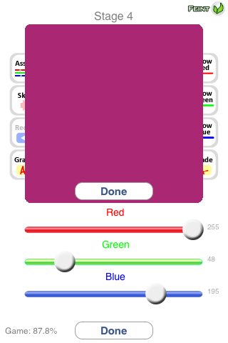 Colorblind (iPhone) screenshot: The game has several hint functions; "Recall" lets the player see the original color again