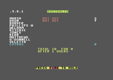 Graham Gooch's Test Cricket (Commodore 64) screenshot: Latest score.