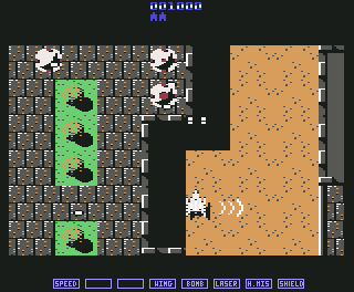 A.L.C.O.N. (Commodore 64) screenshot: Using the Side weapon (beams on side of wings) (PAL)