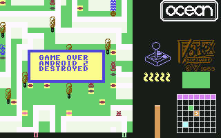 Android Two (Commodore 64) screenshot: Destroyed, 5 seconds in the game