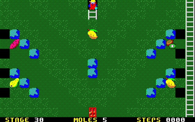 Mole Mole 2 (PC-88) screenshot: What?! Such an advanced level, and so few fruits??!..