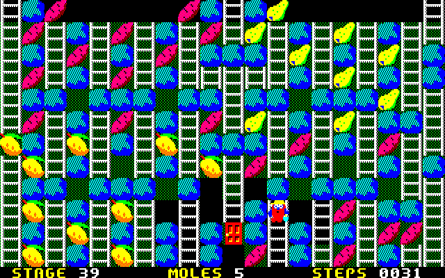 Mole Mole 2 (PC-88) screenshot: Penultimate level. Extreme complexity