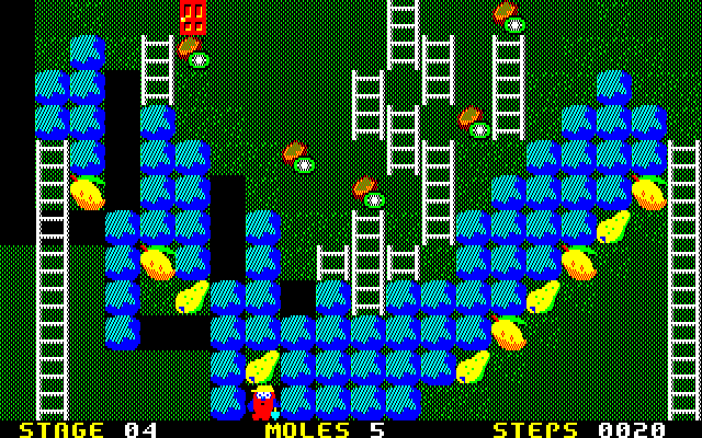Mole Mole 2 (PC-88) screenshot: Looks like I'm stuck, with a pear on my head :)
