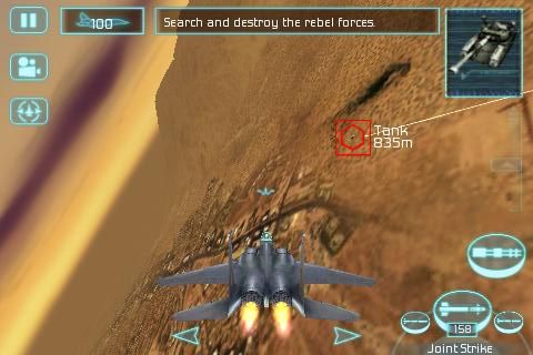 Tom Clancy's H.A.W.X (iPhone) screenshot: Rolling in on tank ground target