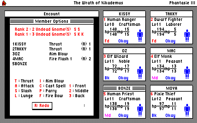 Phantasie III: The Wrath of Nikademus (PC-88) screenshot: Giving orders to party members during battle