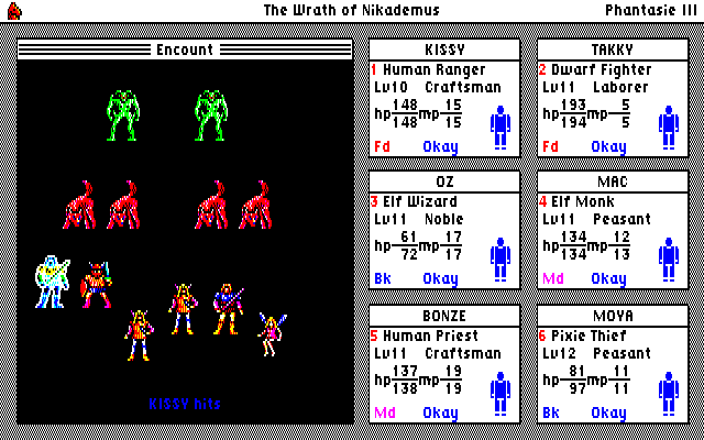 Phantasie III: The Wrath of Nikademus (PC-88) screenshot: Battle in progress