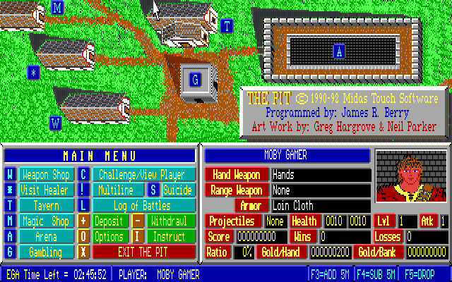 The Pit (DOS) screenshot: Main menu -- and now a map! (EGA)
