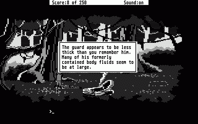 Space Quest II: Chapter II - Vohaul's Revenge (Atari ST) screenshot: Taking a look at the guy who involuntary broke Roger's fall a few moments ago. (high resolution)