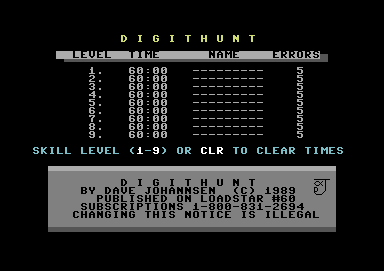 Digithunt (Commodore 64) screenshot: Main menu and highscores