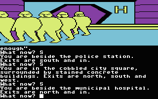 The Worm in Paradise (Commodore 64) screenshot: Beside the hospital. Lots of people here.