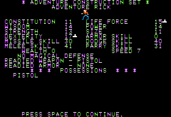 Stuart Smith's Adventure Construction Set (Apple II) screenshot: Character stats.