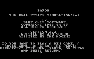 Baron: The Real Estate Simulation (DOS) screenshot: Main menu (v2.2)
