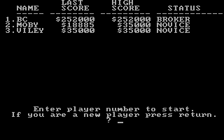 Baron: The Real Estate Simulation (DOS) screenshot: Select your player: 'BC' is basically a bundled cheat option.
