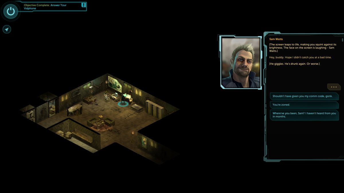 Shadowrun Returns (Windows) screenshot: The game starts as the player accepts a job from his dead friend to find who killed him