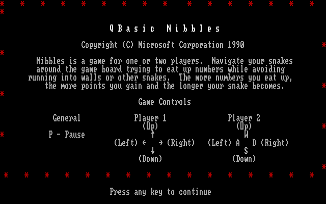 MS-DOS 5 (included games) (DOS) screenshot: Nibbles: Title screen