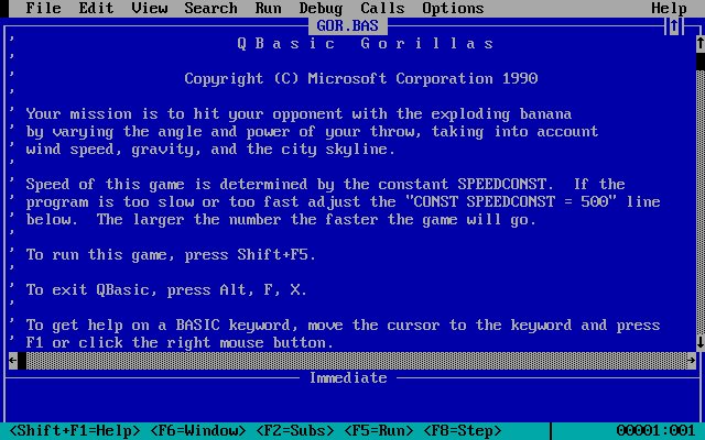 MS-DOS 5 (included games) (DOS) screenshot: Gorillas: Directions after the game has been loaded, but before it has been run