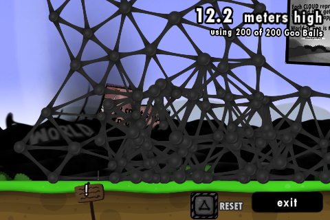 World of Goo (iPhone) screenshot: Tower of Goo, with a major collapse