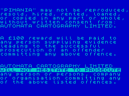 Pimania (ZX Spectrum) screenshot: Then a dire warning about piracy is displayed. The game halts here for what seems like ages to make sure the message sinks in