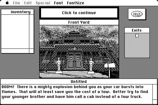 Uninvited (Macintosh) screenshot: Got out of the car, which (of course) explodes, and find myself in front of a mysterious mansion.