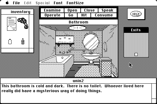 Uninvited (Macintosh) screenshot: Bathroom without a toilet, as the description notes.