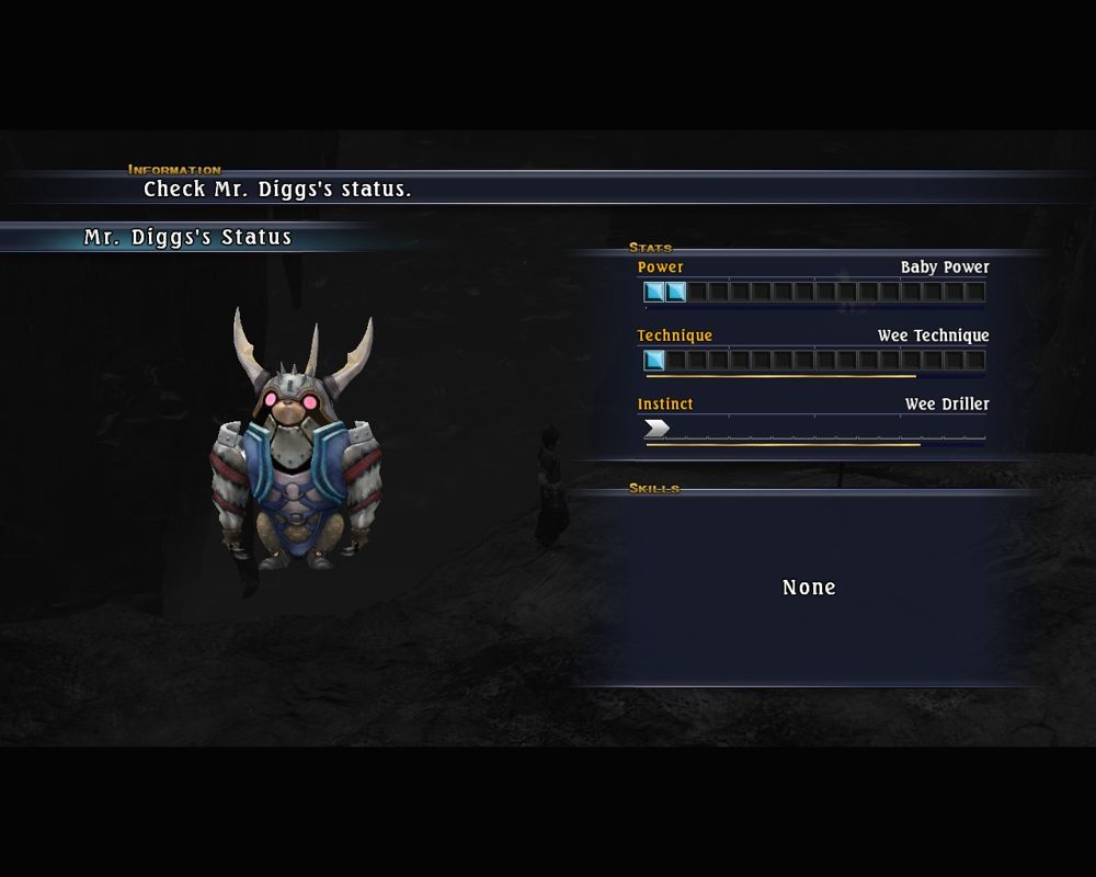 The Last Remnant (Windows) screenshot: Mr. Diggs's status. He is your treasure finding buddy.