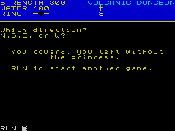 Volcanic Dungeon (ZX Spectrum) screenshot: Another game ends after one move. This can quickly become a game of endurance instead of being fun!