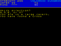 Volcanic Dungeon (ZX Spectrum) screenshot: Another move, another find. The game does not show previous moves so without a map or accurate note taking its hard to retrace one's steps