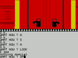 The Time Machine (ZX Spectrum) screenshot: Having got to the house the player must find a way in. Still no scene setting or description from the game. All gameplay is guesswork. Should I even be here? How do I proceed?