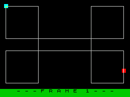 Crossfire (ZX Spectrum) screenshot: The game has progressively bigger play areas or Frames. This is Frame 1. The player is shown in the top left and the Searcher is in the bottom right