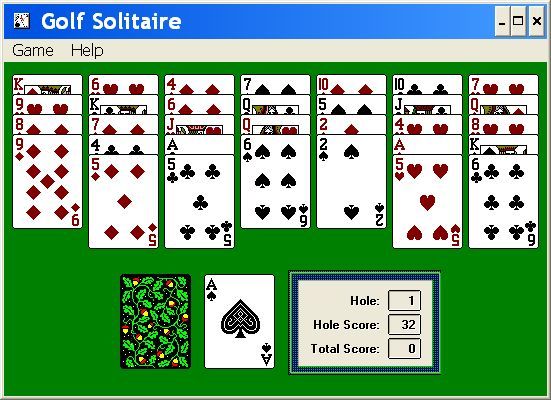 Solitaire Twin Pack (Windows 3.x) screenshot: This is the end of the first turn. The player was able to play the 3 of Clubs, 2 of Hearts and Ace of Spades. They could have continued with the 2 of spades but they missed that.