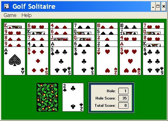 Solitaire Twin Pack (Windows 3.x) screenshot: This is the way the cards are set up for Golf Solitaire. The exposed card is the 2 of Clubs. This means the player can play either the 3 of clubs or the Ace of Spades.