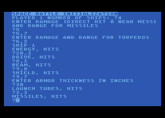 Invasion Orion (Atari 8-bit) screenshot: Building a scenario; setting ship parameters