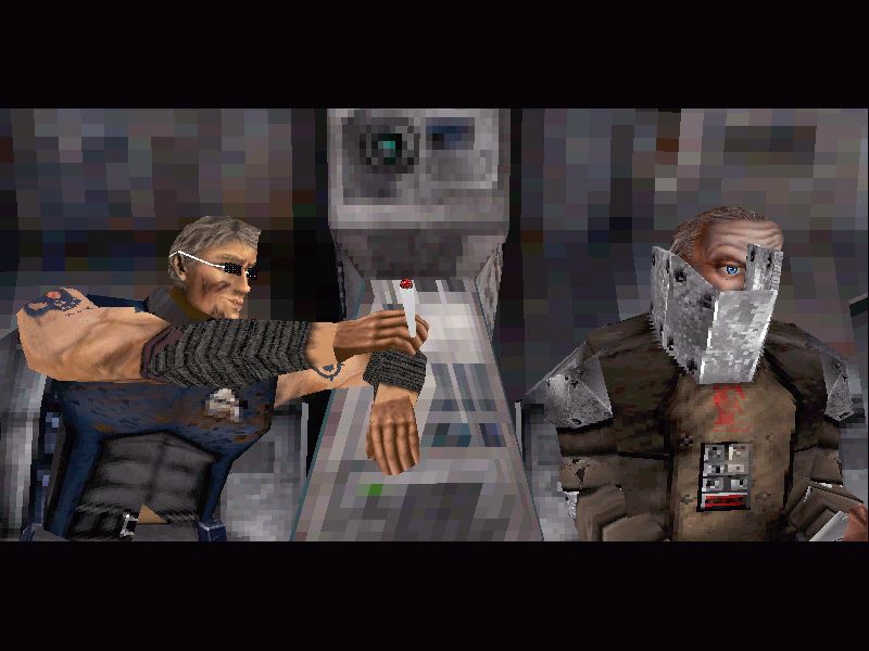 Gravity Angels Part 4: Death Force (Windows) screenshot: Gunship crew: "Fancy a puff from my spliff?" "Can't you see I'm trying to work here and besides, I'm wearing this ridiculous collar."