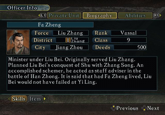 Romance of the Three Kingdoms X (PlayStation 2) screenshot: Detailed information of the officers is available, including short biographies