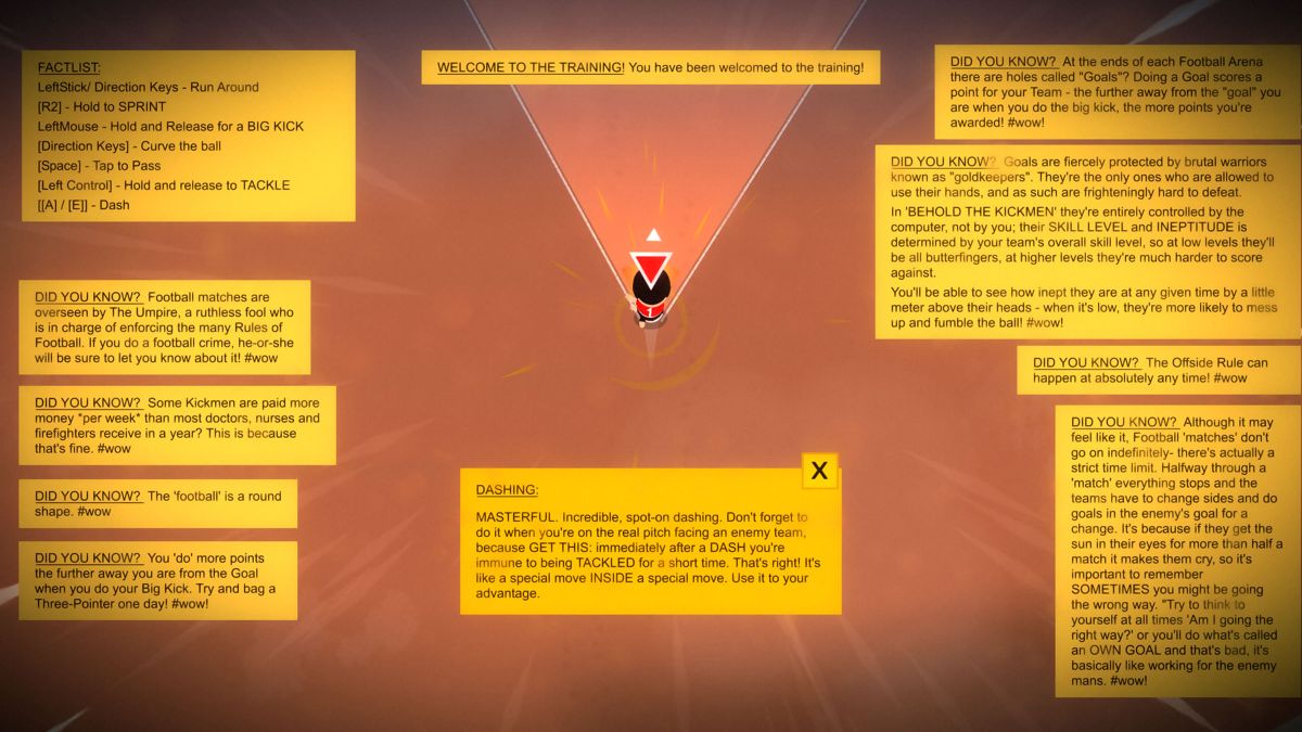 Behold the Kickmen (Windows) screenshot: A deliberately vast amount of text in the tutorial