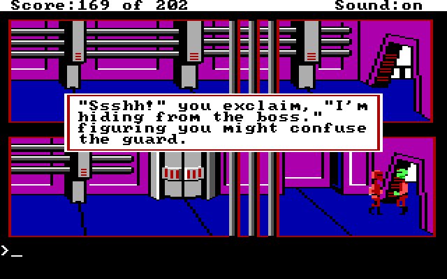 Space Quest: Chapter I - The Sarien Encounter (DOS) screenshot: Chatting with the guards while in disguise